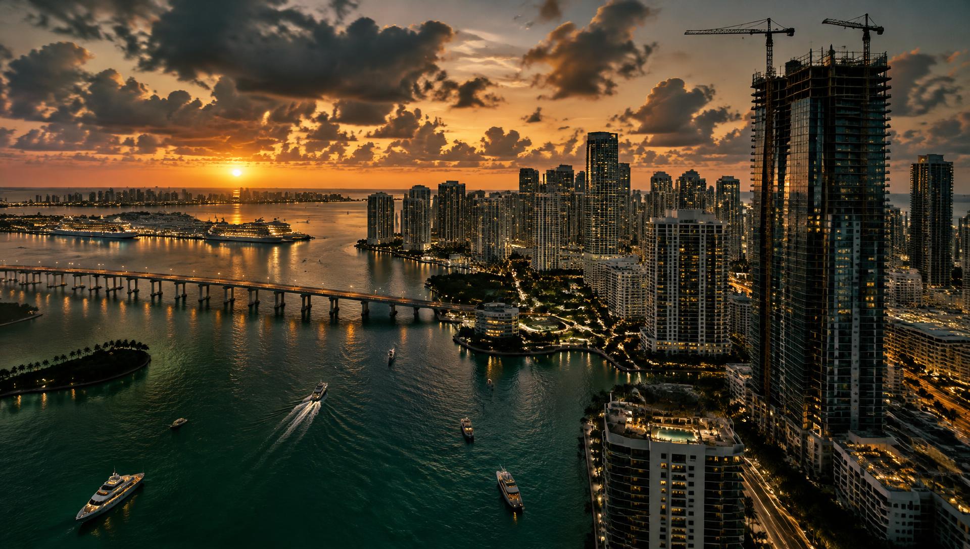 Miami skyline at dusk with towers under construction